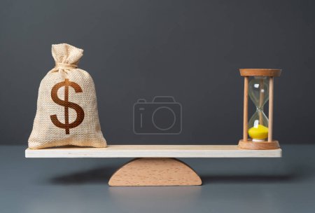 Dollar money bag and hourglass on scales. Find balance to get the most out of each. Investing money can save you time. Fulfilling life and financial security. Hourly wages.