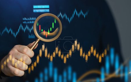 Study of the trading exchange. Increase in prices and quotes, find trends and patterns of price changes. Invest in stocks and futures contracts. Businessman and digital economy.