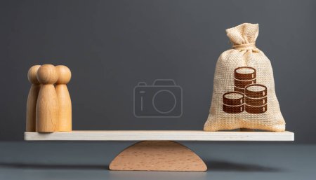 Photo for People and money bag with coins on scales. Decent wages. Social payments. Workers deserve to be financially compensated for their time and skills. Investments. Hired force. Financial support. - Royalty Free Image