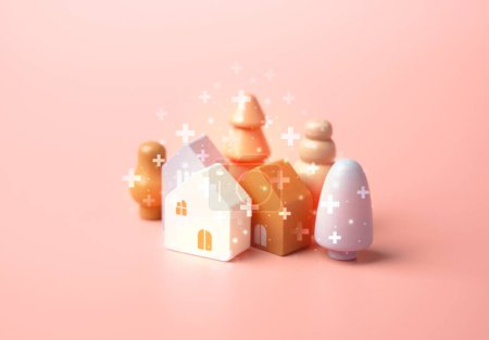 Häuser mit Verbesserungs- oder Wiederauffüllungsvorteilen auf rosa Hintergrund. Spielzeug aus Holz. Ein Haus kaufen. Guter Wohnraum. Hypothek. Pastellrosa Farben.