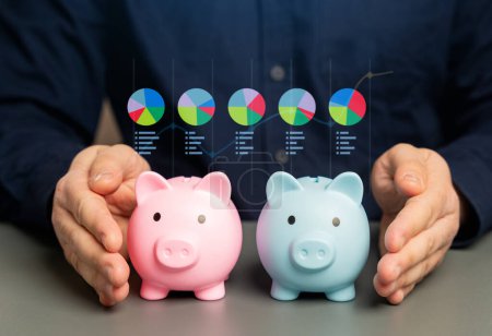 Photo for A study of consumer preferences of different genders in the banking and financial sector. Piggy bank in the hands of a businessman and information graphics. Financial goals, trust levels. Deposits - Royalty Free Image