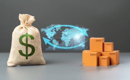 Comercio mundial de bienes y productos. Dólar y cajas con flechas y mapa del mundo. Precios. Aumento de los suministros y las tasas de producción. Negocios y Economía Globales