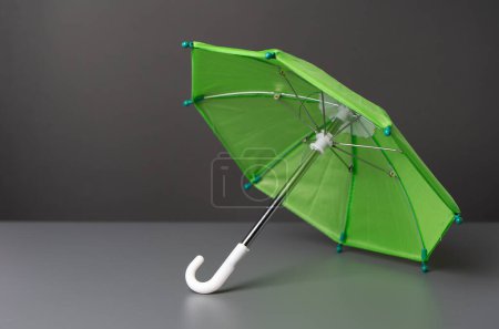 Grüner Regenschirm auf einem Schild. Versicherungs- und Schutzkonzept. Abdeckung von Risikobereichen wie Lebens-, Gesundheits-, Auto-, Wohn- und Unternehmensversicherungen. Versicherungsdienstleistungen.