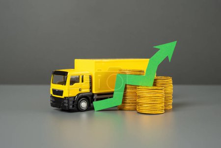 LKW und Grünpfeil nach oben. Wachstum im Güterverkehr, Einnahmen und Gebühren. Wirtschaftliche Entwicklung. Preiserhöhungen.
