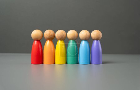 Six people figures in LGBT colors. Pride Month June. International Pride Day. Protection of the rights and freedoms of sexual minorities. Promoting tolerance and social acceptability.