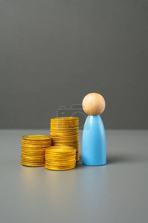 A figurine of a man and a stack of coins. Savings and capital. Purchasing power. Investments. Financial literacy, asset and resource management. Employee salary. GDP per capita.