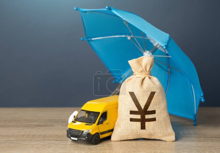 Yellow delivery van and japanese yen money bag under an blue umbrella. Cargo and parcel insurance. Logistics security. Warranty obligations. Protection in conditions of military aggression