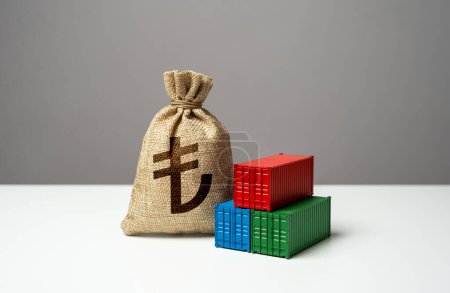 Stack of shipping containers and turkish lira money bag. Import or export. Production of containers. Trade, economics and transport industry. Tariffs and tax collections. GDP and production.