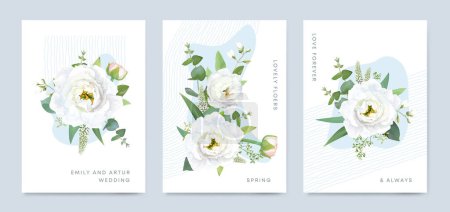 Illustration for Vector floral card template. Decorative watercolor bouquet illustration. White eustoma flower, jasmine, green eucalyptus branch, leaves, abstract paint in blue color. Elegant wedding invite design set - Royalty Free Image