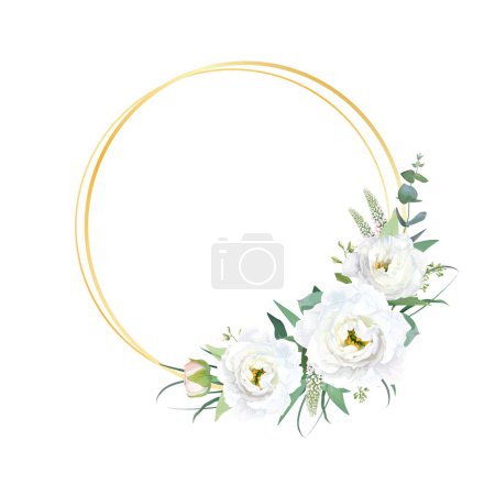Illustration for Elegant white flower, greenery wreath. Round golden frame. Wedding invite, save the date template design. Eustoma, veronica, greenery eucalyptus leaves watercolor bouquet. Editable vector illustration - Royalty Free Image