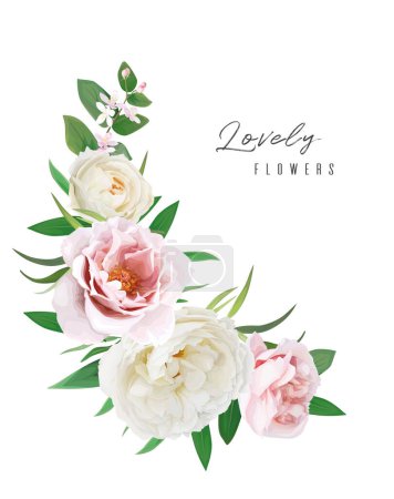 Photo for Beautiful floral wreath bouquet vector illustration. Watercolor style light pink, ivory  white rose flowers, greenery leaves drawing. Editable, designer element set. Delicate wedding invite, greeting decoration - Royalty Free Image