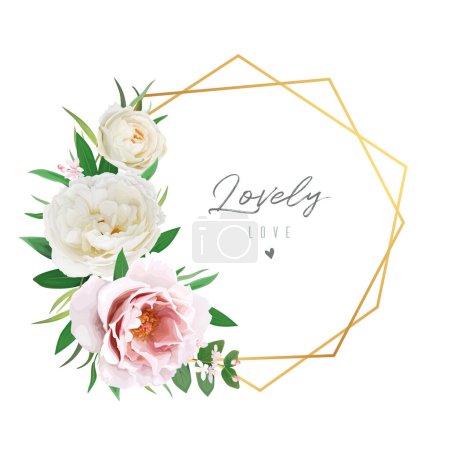 Photo for Floral, golden geometric frame, border. Pink peony, cream white rose flowers, green leaves watercolor vector illustration. Wedding invite card, greeting, banner template design. Editable bouquet print - Royalty Free Image