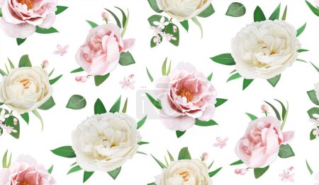 Photo for Floral seamless pattern, textile fabric, background. Beautiful ivory white rose flower, pink peony, green eucalyptus leaves bouquet. Tender vector art illustration. Wedding invite, greeting decoration - Royalty Free Image