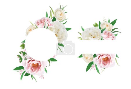 Illustration for Floral border, frame set. Pink peach peony flower, ivory cream rose flowers, green leaves bouquet editable vector Illustration. Chic wedding, elegant greeting template design isolated white background - Royalty Free Image
