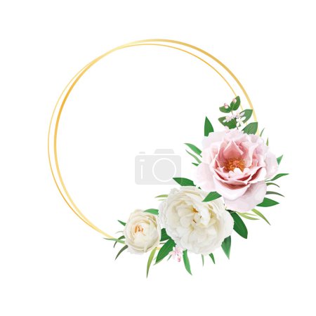 Illustration for Floral wreath frame, with golden circles. Wedding invite, save the date card. Cream rose flowers, pink peony flower, green garden leaves bouquet. Elegant, editable watercolor style vector Illustration - Royalty Free Image