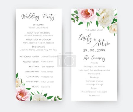 Illustration for Weddign ceremony, party program. Floral editable vector template with watercolor style pink garden peony, cream white rose flowers, green leaves bouquet illustration. Stylish spring, summer design - Royalty Free Image
