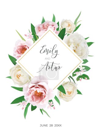 Illustration for Delicate vector art floral frame. Wedding invite, greeting card. Watercolor style peach, pink peony, cream rose, greenery leaves, wreath bouquet decoration. Editable birthday, celebration illustration - Royalty Free Image