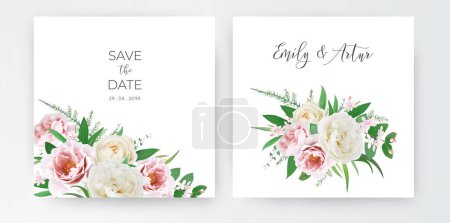 Illustration for Floral, wedding invitation, save the date card set. Pink peony flower, cream white rose flowers, greenery garden leaves bouquet border. Editable, watercolor style vector Illustration. Elegant template - Royalty Free Image