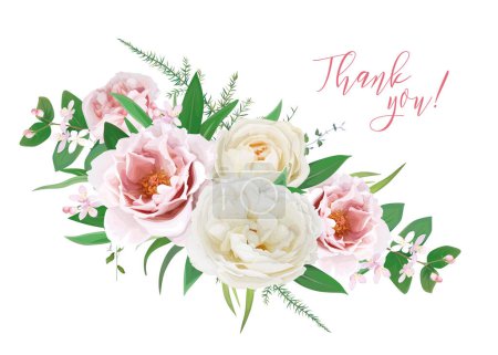 Illustration for Elegant "thank you" gift card template design. Watercolor pink peonies, cream white rose flowers with tender green leaves bouquet. Floral wedding invite, 8 march greeting card. Editable vector element - Royalty Free Image