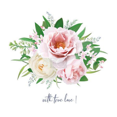 Illustration for Watercolor style flower bouquet. Lovely card template design. Pink peony flowers, cream rose, lilac, green leaves bouquet vector illustration. Floral wedding invite. Editable element isolated on white. Elegant and beautiful hand drawn art - Royalty Free Image