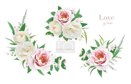 Illustration for Vector flower bouquet set. Watercolor style pink peony flowers, cream rose, green leaves editable illustration. Floral wedding invite, greeting, postcard print design element isolated white background. Stylish drawing - Royalty Free Image