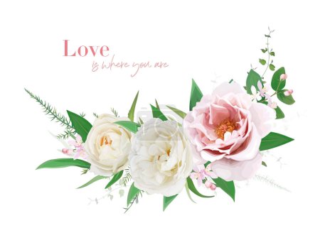 Illustration for Elegant wedding invitation, save the date, love greeting card. Pink peony, cream white rose flowers, greenery leaves bouquet. Editable, watercolor vector art Illustration. Stylish spring, summer season template - Royalty Free Image