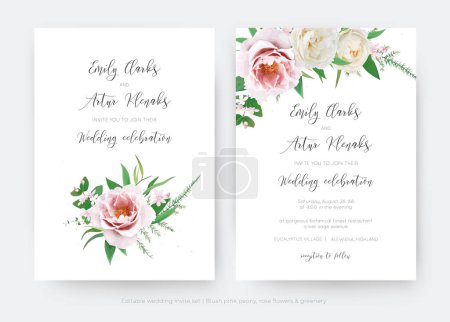Illustration for Elegant floral wedding invite card. Vector pink peony, cream white rose flowers, green leaves bouquet illustration. Stylish editable spring summer season watercolor marriage save the date template set - Royalty Free Image