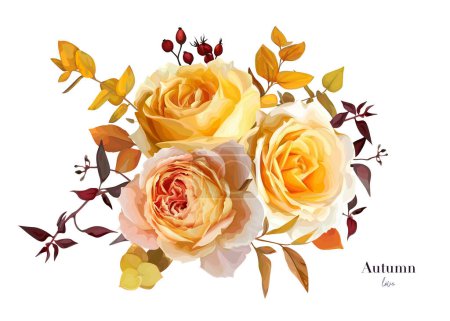 Téléchargez les illustrations : Vector, fall bouquet with yellow peach flowers. Orange seeded eucalyptus branches, burgundy leaves. Floral editable watercolor style illustration. Wedding invite, thanksgiving greeting card lovely art decoration - en licence libre de droit