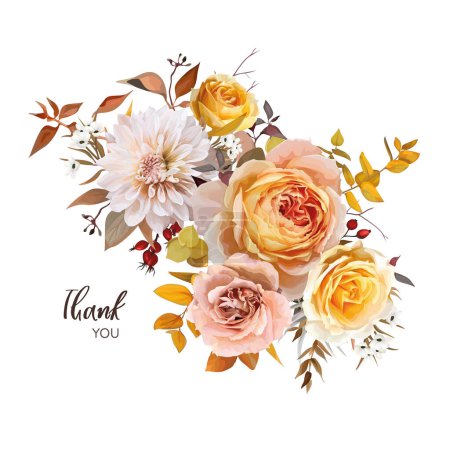 Illustration for Chic autumn "Thank you" greeting card. Fall flowers bouquet. Vector, watercolor yellow orange roses, cream dahlia, red berries, eucalyptus leaves, branches illustration. Editable wedding invite design - Royalty Free Image