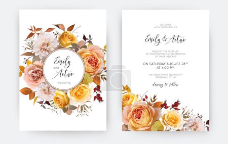 Illustration for Elegant wedding invite, save the date card template set. Vector watercolor illustration. Yellow, peach, orange autumn garden rose flowers, eucalyptus branch, colorful fall leaves editable wreath frame - Royalty Free Image