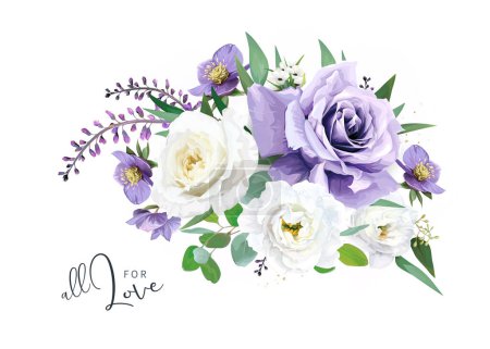 Illustration for Vector, watercolor style purple, violet bouquet. Love greeting card template. Garden rose flowers, helleborum, lisanthus, eucalyptus, greenery leaves. Editable spring, summer wedding invite decoration - Royalty Free Image