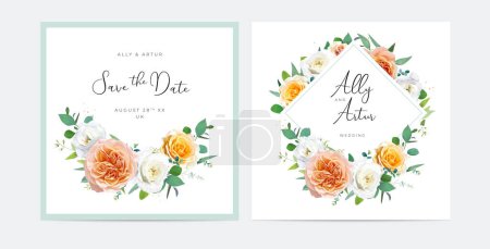 Illustration for Elegant floral wedding invite, save the date card set. Watercolor peach, yellow garden rose, white flowers, green eucalyptus leaves wreath, bouquet with golden decoration. Editable vector illustration - Royalty Free Image
