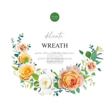 Illustration for Floral watercolor wreath bouquet. Wedding invite, save the date card. Peach flowers, greenery vector illustration. Orange yellow, white rose, carnation, green eucalyptus leaves. Watercolor arrangement - Royalty Free Image