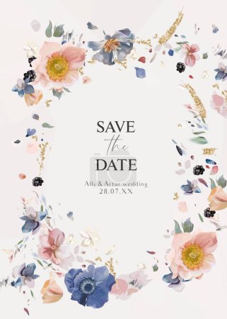 Illustration for Elegant floral wedding save the date vector card template. Blush pink, dusty blue anemone flowers, white hydrangea petals, golden glitter, watercolor hand drawn paint bouquet wreath frame illustration - Royalty Free Image