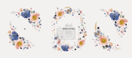 Illustration for Floral, watercolor wreath set. Blue, blush pink anemone flowers, white petals, blackberry, golden glitter style bouquet. Vector illustration. Elegant wedding invite, save the date card template design - Royalty Free Image