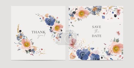 Illustration for Wedding invite save the date card set. Pastel floral watercolor flowers. Floral vector illustration. Dusty blue, pink anemone, white hydrangea petals, blackberries, golden glitter bouquet wreath frame - Royalty Free Image