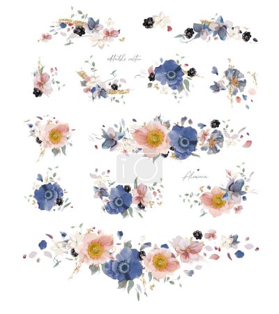 Téléchargez les illustrations : Set de bouquet floral. Fleurs modifiables. Aquarelle style poussiéreux bleu, anémones roses, pétales d'hortensia blanc, baies, illustration vectorielle paillettes dorées. Élégante invitation de mariage, enregistrer les éléments de la carte de date - en licence libre de droit