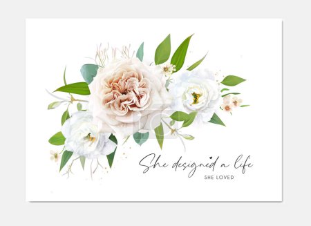 Illustration for Floral greeting postcard, wedding invite save the date card design. Neutral garden flowers bouquet. Beige ivory rose, white eustoma, eucalyptus greenery leaves. Editable vector watercolor illustration - Royalty Free Image
