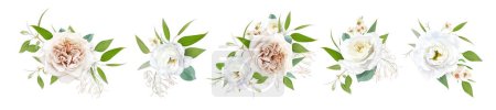 Illustration for Elegant floral bouquet set. Neutral, beige, white, cream watercolor flowers. Editable vector illustration. Eustoma, greenery, green eucalyptus leaves, wax flowers arrangement. Isolated design elements - Royalty Free Image