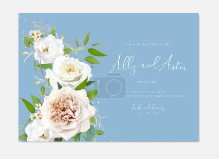 Illustration for Dusty blue wedding invite card. Watercolor bouquet. Editable, floral vector illustration. Neutral taupe beige, white, light yellow roses, eustoma, wax flowers, greenery, green eucalyptus leaves wreath - Royalty Free Image