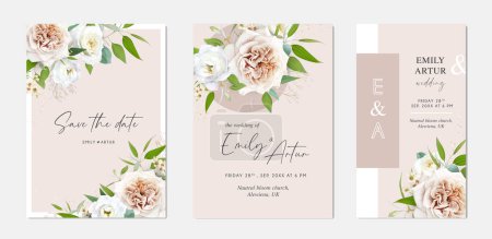 Illustration for Floral wedding invite, e-invite card. Watercolor style. Beige, ivory white color rose flowers, eustoma, greenery, eucalyptus green leaves bouquet frame. Neutral rustic vector art illustration template - Royalty Free Image