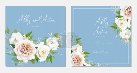 Illustration for Blue wedding invite, save the date card set. Watercolor flowers bouquet. Editable, floral vector illustration. Neutral, taupe beige, cream white roses, eustoma, greenery, green eucalyptus leaves frame - Royalty Free Image