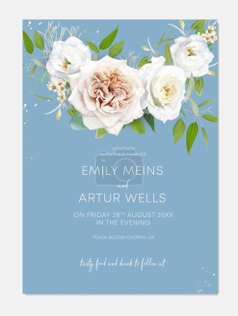 Illustration for Elegant blue wedding invite card. Watercolor bouquet. Editable, floral vector illustration. Neutral beige, white, yellow roses, eustoma, wax flowers, greenery, green eucalyptus leaves, branches wreath - Royalty Free Image