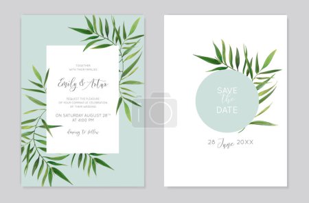 Illustration for Tropical palm leaves wedding invite card. Watercolor green leaf frame, wreath border decoration. Stylish, elegant, editable design template. Natural, botanical, rustic style save the date template set - Royalty Free Image