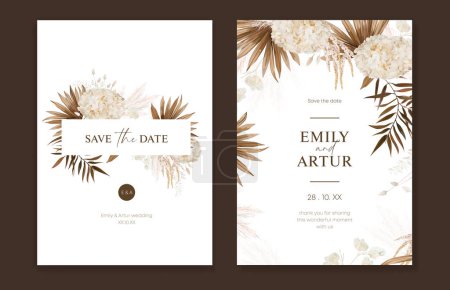 Illustration for Tropical boho save the date, wedding invite. Dried brown palm leaves, pampas grass, beige hydrangea, lagurus, lunaria bouquet frame. Bohemian watercolor neutral color editable card design template set - Royalty Free Image