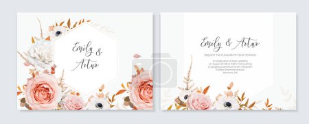 Illustration for Elegant wedding vector invite. Golden, floral geometrical frame. Peach pink, white rose, anemone flowers, fall leaves, orange fern bouquet wreath. Editable watercolor autumn color card template design - Royalty Free Image
