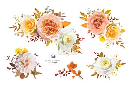 Illustration for Elegant, floral bouquet. Fall watercolor flowers. Peach, yellow, white roses, cream dahlia, red berry, autumn leaves. Editable, vector illustration. Thanksgiving, wedding invite, greeting elements set - Royalty Free Image