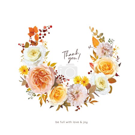 Illustration for Fall flowers wreath bouquet. Watercolor vector floral illustration. Wedding invite, Thanksgiving thank you card template design. Peach yellow rose, dahlia, red berries orange eucalyptus leaves element - Royalty Free Image