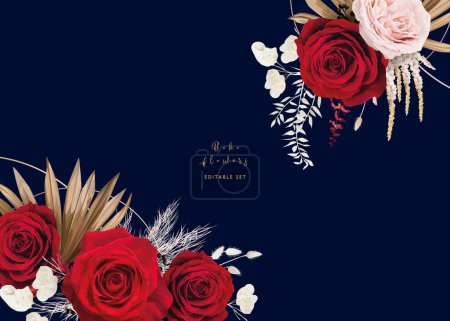 Illustration for Elegant navy blue & red floral bouquet frame, border rose flowers, pampas grass, dry palm leaves. Stylish watercolor style vector illustration. Wedding invite, greeting, party classy editable template - Royalty Free Image