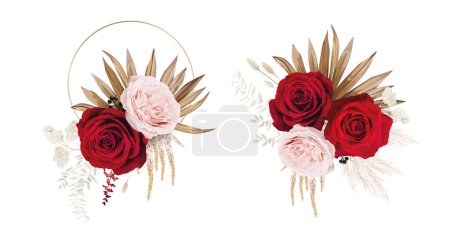Illustration for Elegant floral bouquet element. Red, light pink English roses, astilbe, dry palm leaves, lagurus, white leaves branch bouquet, composition. Editable, watercolor illustration, isolated white background - Royalty Free Image